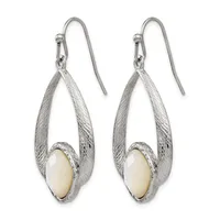 Pair of silver teardrop earrings with textured surfaces and cream-colored oval stone centers, suspended from curved ear wires.