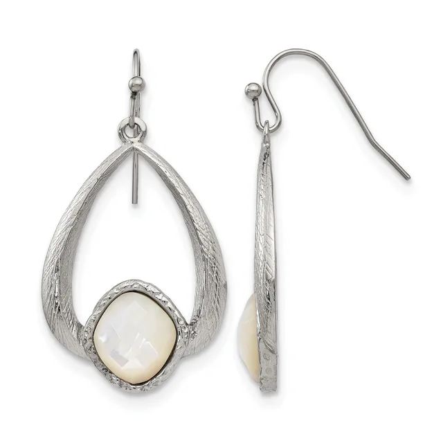 Pair of silver teardrop earrings with textured finish featuring cushion-cut white stone centers, shown from front and side views.
