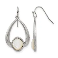 Pair of silver teardrop earrings with textured finish featuring cushion-cut white stone centers, shown from front and side views.