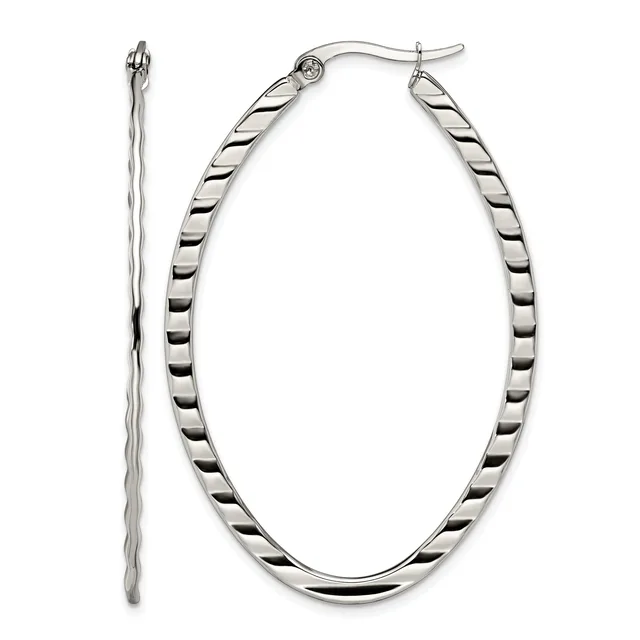 Two silver hoop earrings displayed side by side, one showing a twisted or textured surface pattern and the other a smooth polished finish, both with hook-style closures.
