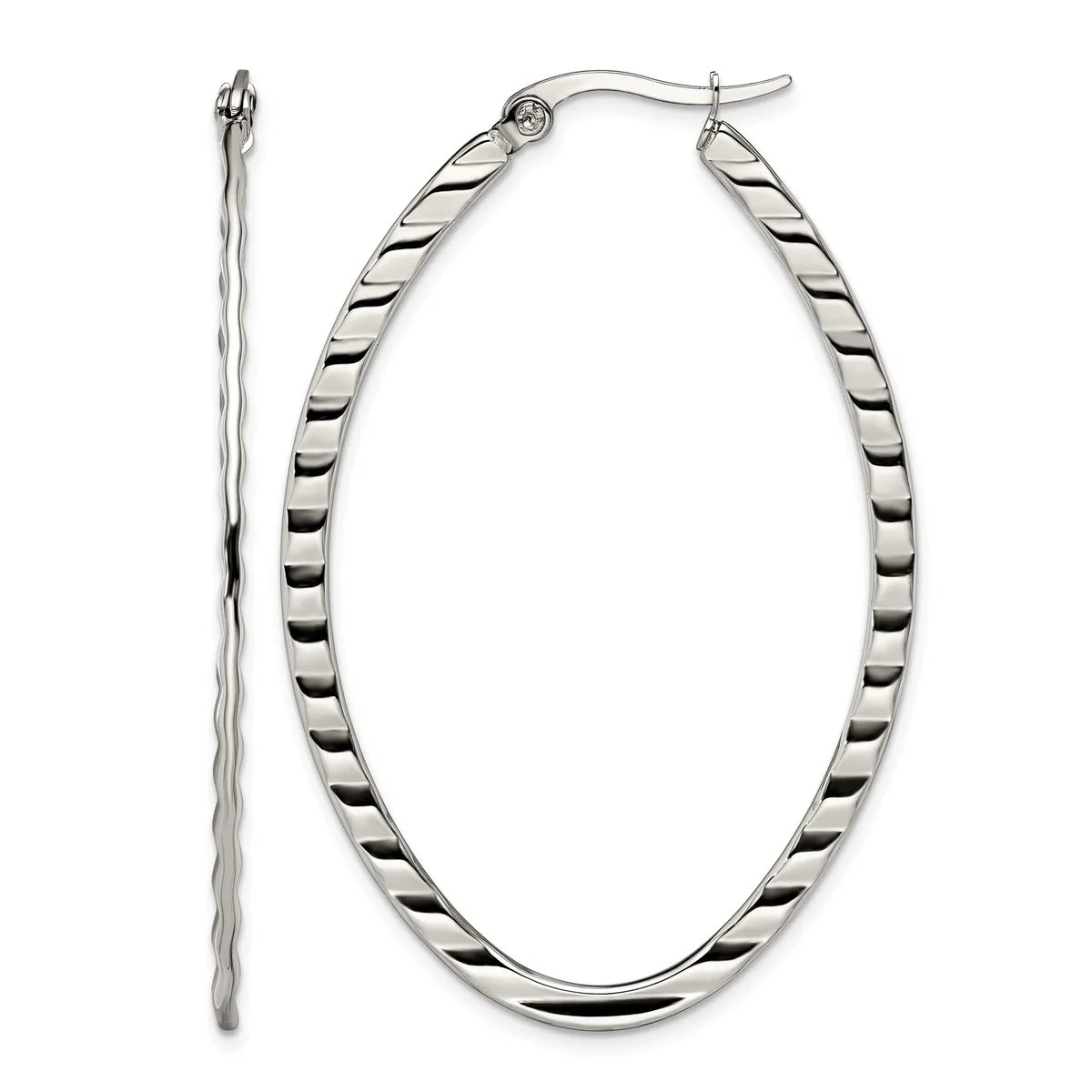Two silver hoop earrings displayed side by side, one showing a twisted or textured surface pattern and the other a smooth polished finish, both with hook-style closures.