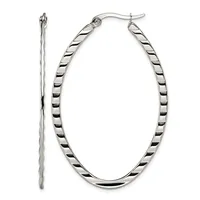 Two silver hoop earrings displayed side by side, one showing a twisted or textured surface pattern and the other a smooth polished finish, both with hook-style closures.