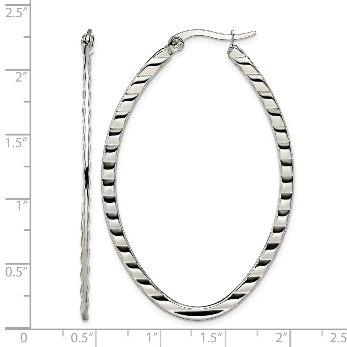 A pair of silver twisted oval hoop earrings displayed next to a measurement scale showing they are approximately 2 inches long.