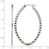 A pair of silver twisted oval hoop earrings displayed next to a measurement scale showing they are approximately 2 inches long.
