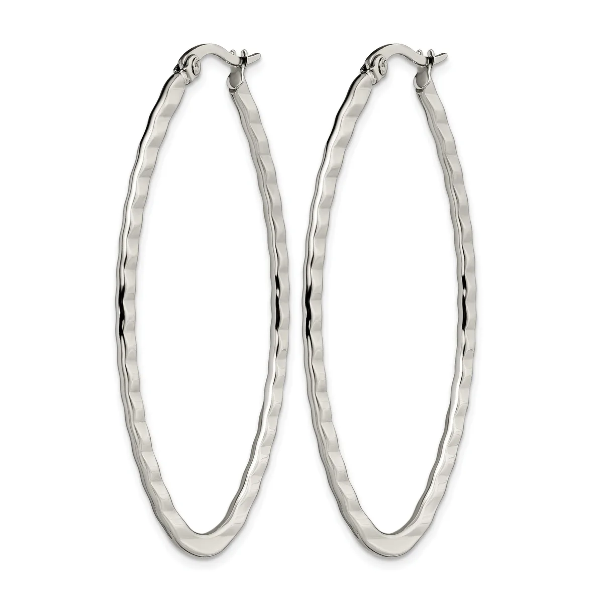 A pair of polished silver-toned oval hoop earrings with a twisted surface texture and hinged posts displayed against a white background.