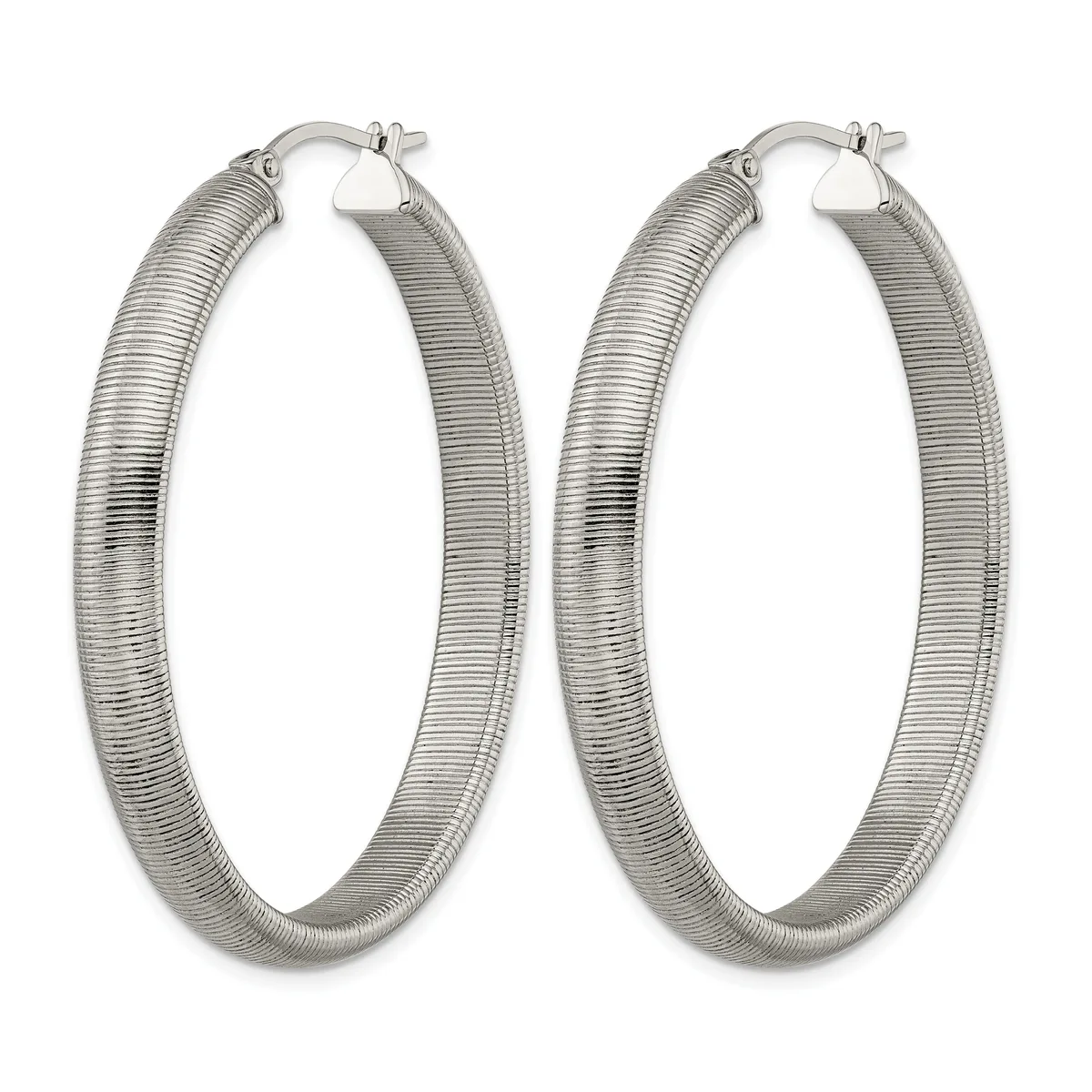 A pair of silver-toned textured hoop earrings with a coiled or ribbed surface pattern, shown against a white background.