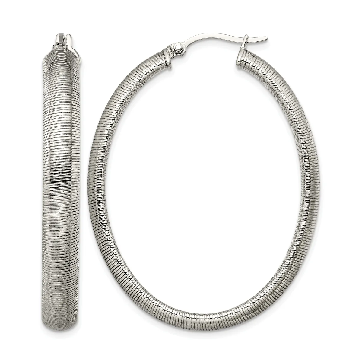 A pair of silver textured hoop earrings with a ribbed surface finish and hook closures, shown from front and side views.