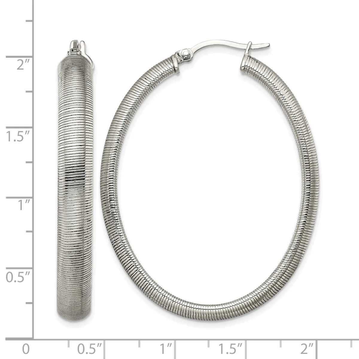 Two silver textured hoop earrings displayed next to a measurement scale, shown from front and side angles with post and clutch closures.