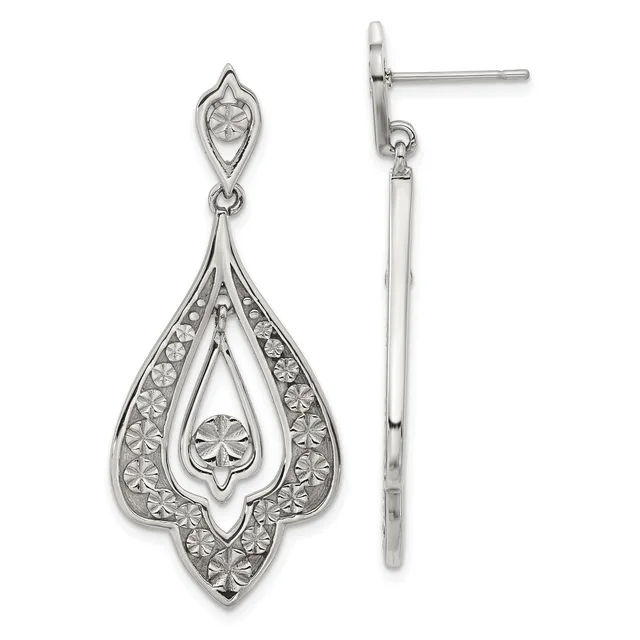 A pair of silver teardrop dangle earrings with textured surfaces and decorative cutout details, shown from front and side views.