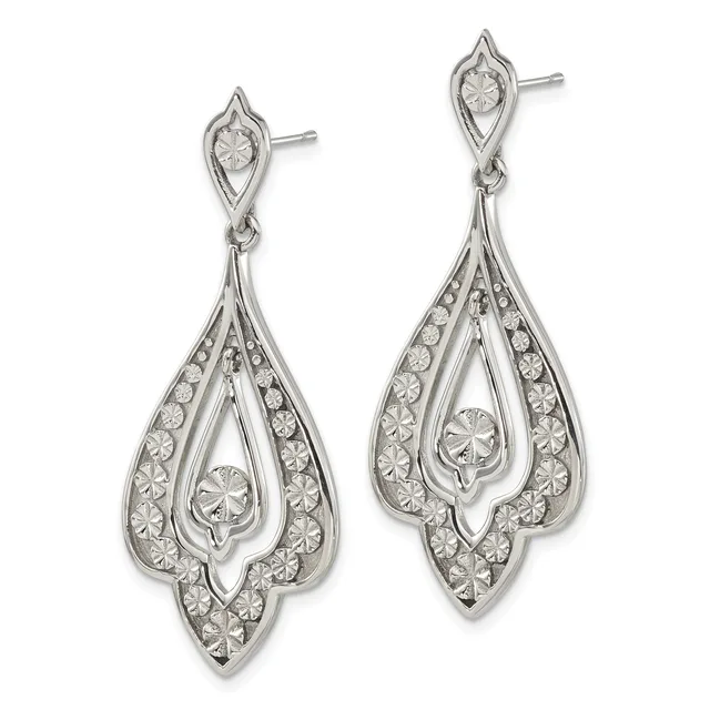 A pair of silver teardrop dangle earrings with textured surfaces, featuring round crystals set throughout and larger round stones suspended in the centers.