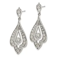 A pair of silver teardrop dangle earrings with textured surfaces, featuring round crystals set throughout and larger round stones suspended in the centers.