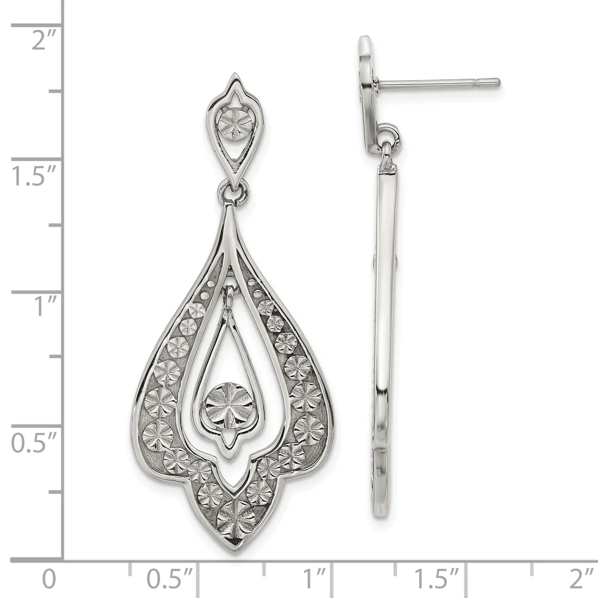 Pair of ornate silver teardrop earrings with floral filigree detailing and dangling posts, shown front and side views on a measurement scale.
