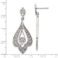 Pair of ornate silver teardrop earrings with floral filigree detailing and dangling posts, shown front and side views on a measurement scale.