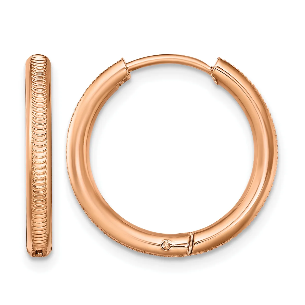 A pair of rose gold hoop earrings with a textured surface, shown from the front and side views.