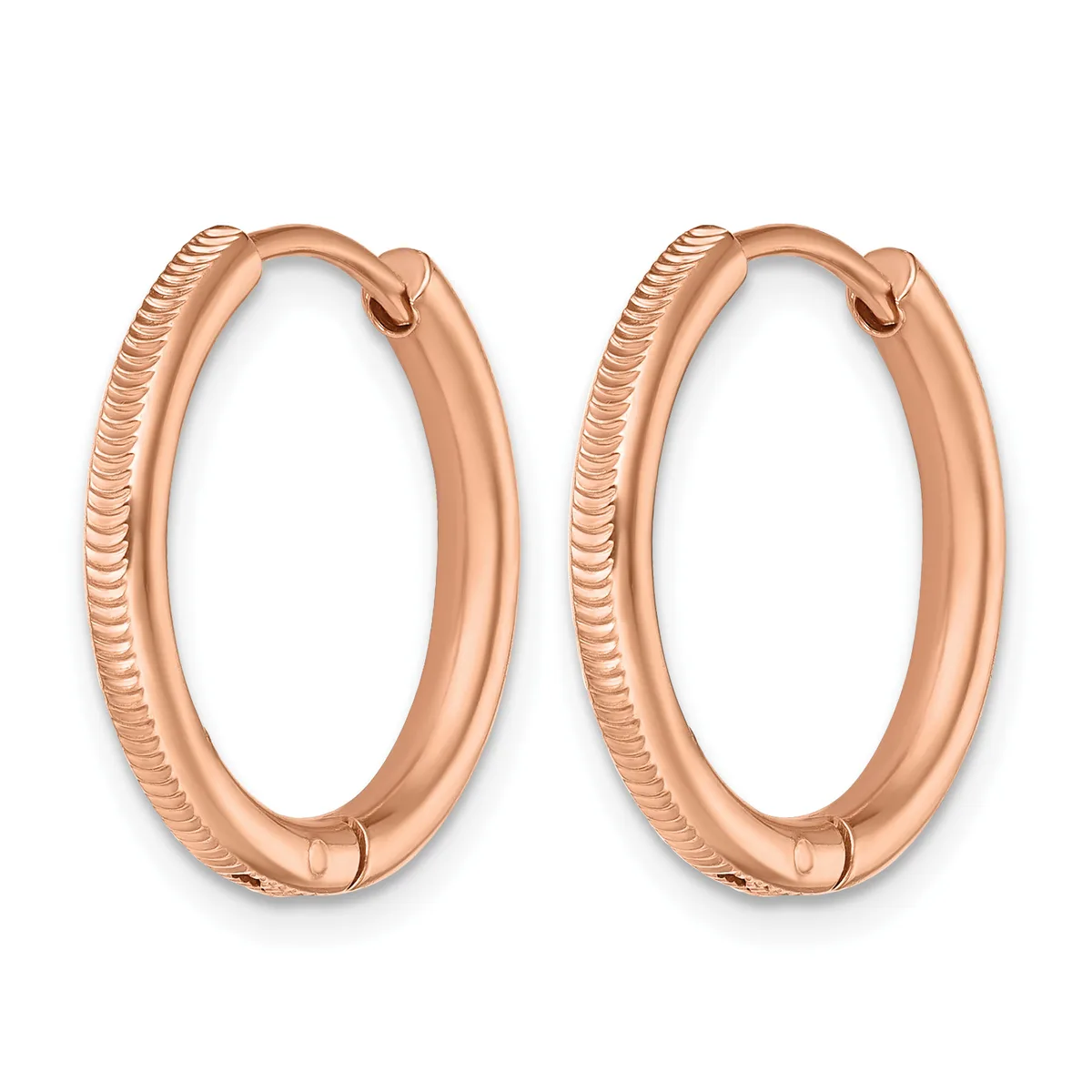 A pair of rose gold hoop earrings with textured surfaces and hinged closures, displayed side by side against a white background.