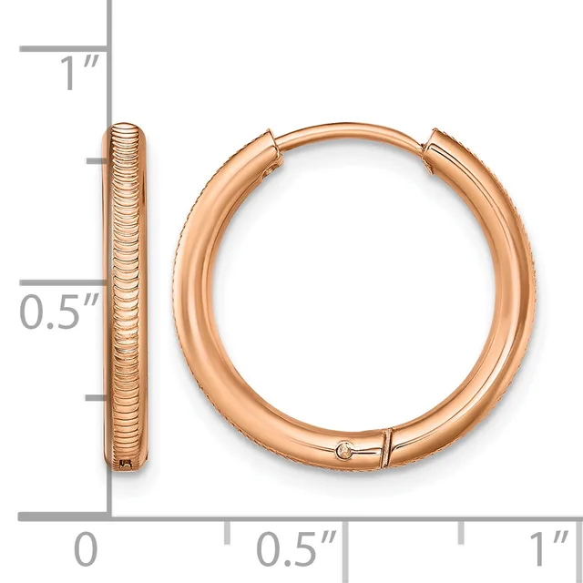 Rose gold hoop earrings with textured sides shown from front and side view against a measurement scale.
