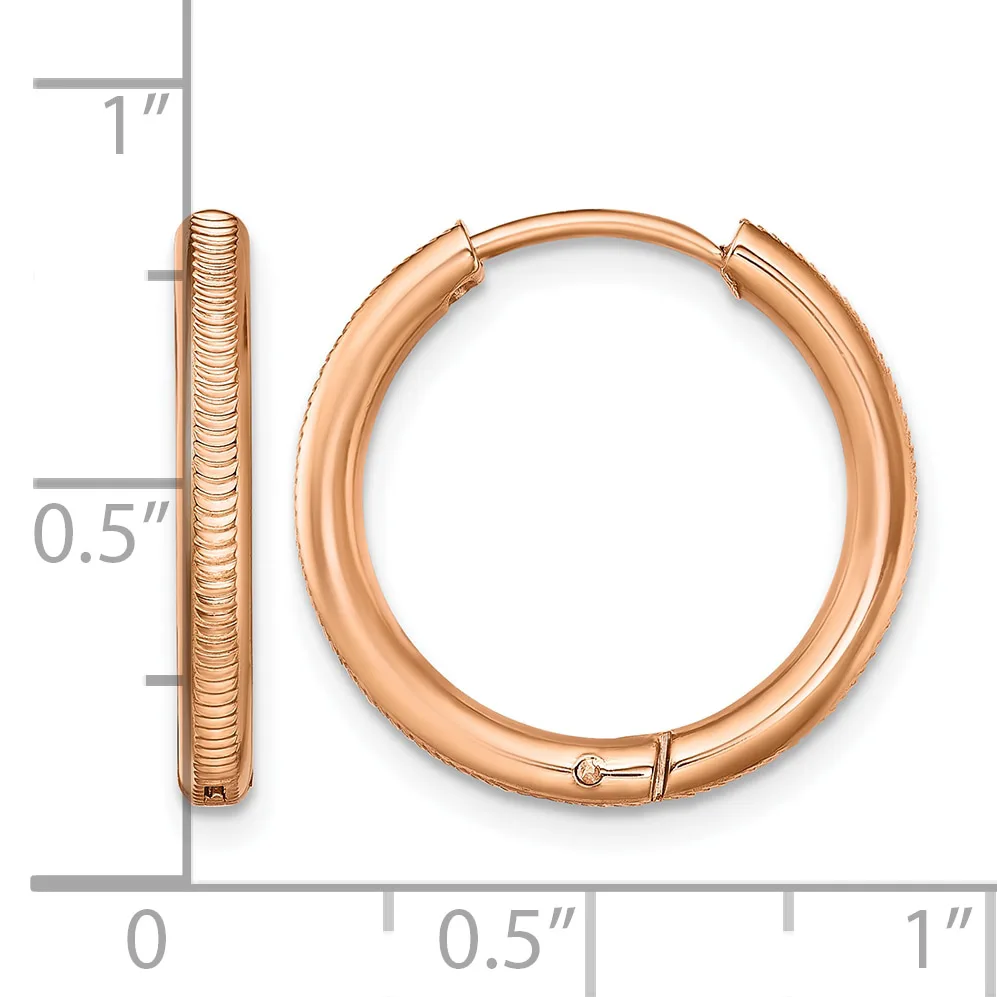Rose gold hoop earrings with textured sides shown from front and side view against a measurement scale.