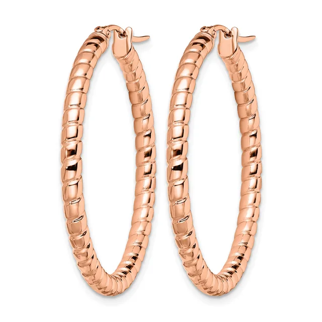 A pair of rose gold hoop earrings with a textured, woven surface pattern, shown against a white background.