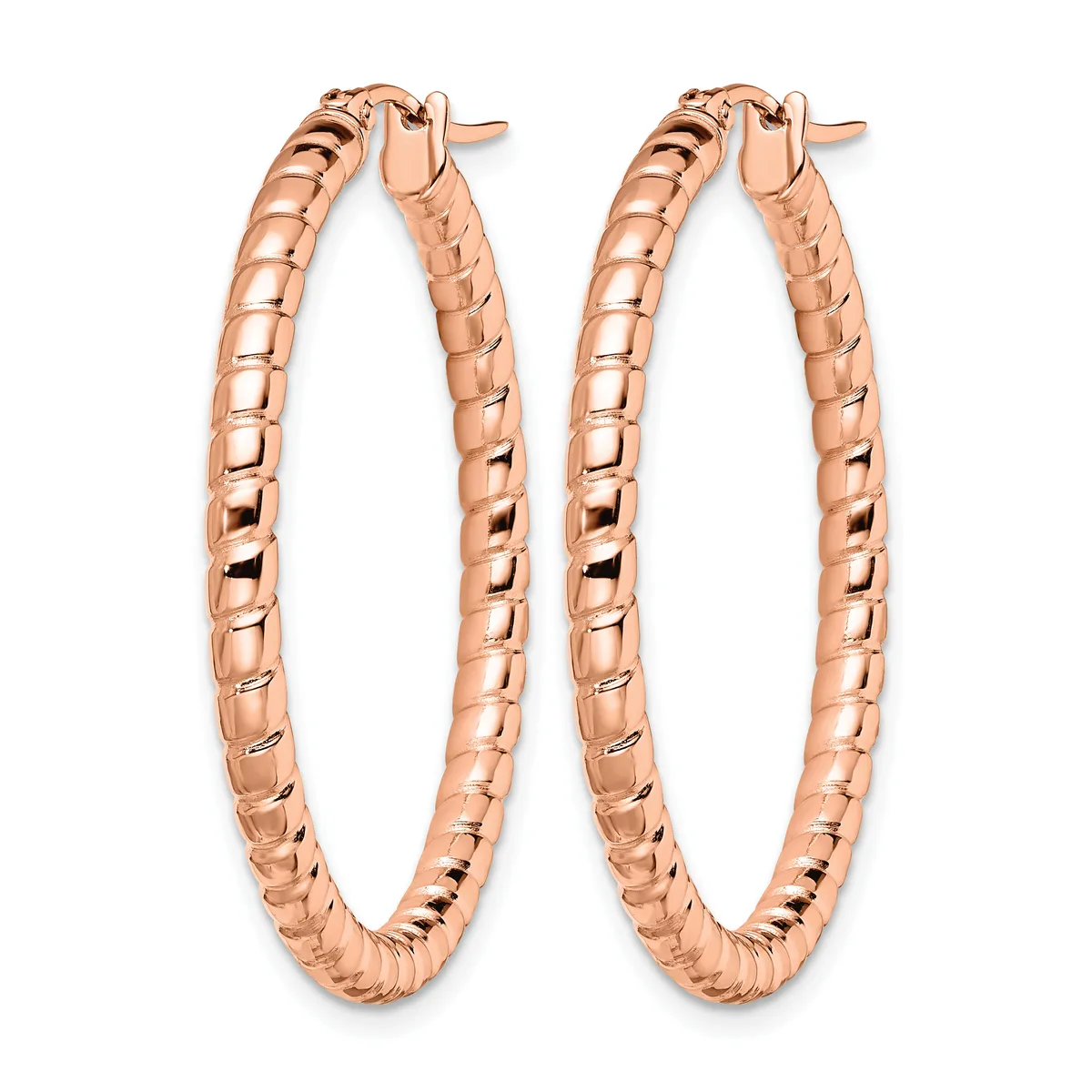 A pair of rose gold hoop earrings with a textured, woven surface pattern, shown against a white background.