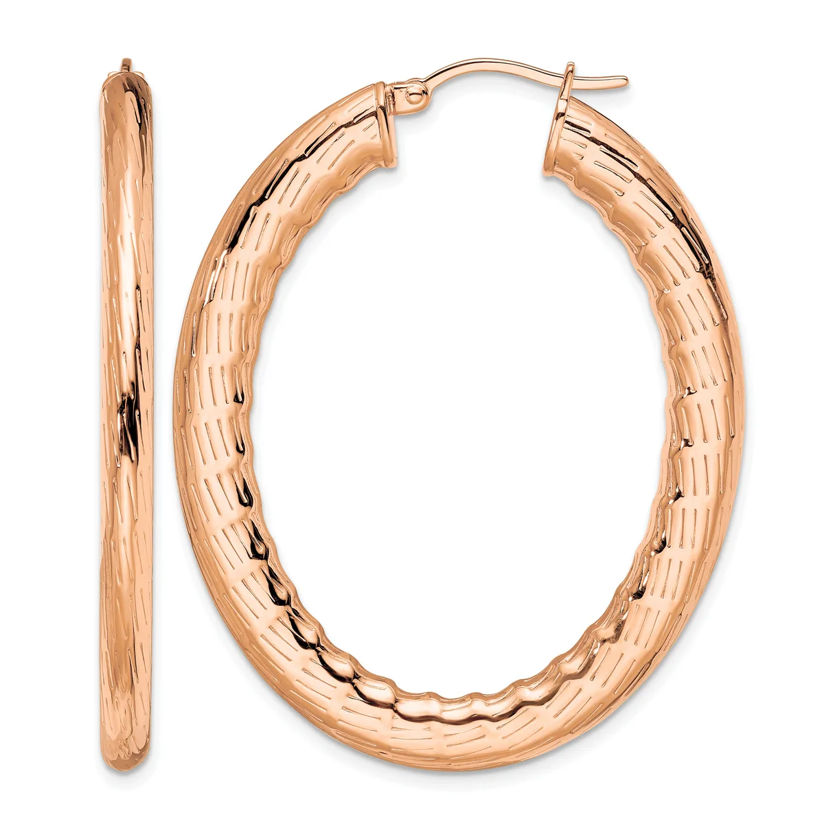 A pair of rose gold textured oval hoop earrings displayed from front and side views, showing the ridged surface pattern and post closures.
