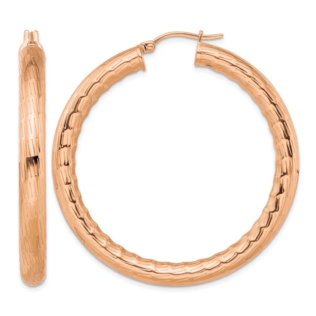 A pair of rose gold hoop earrings with a textured, hammered surface finish and hinged posts, shown from front and side views.