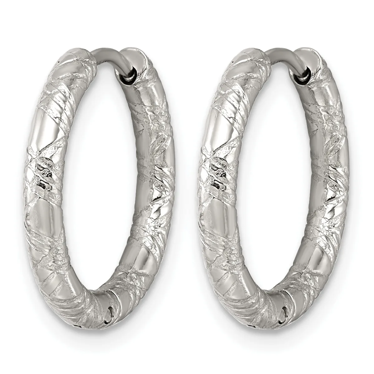 A pair of silver hoop earrings with a textured, hammered surface finish and a small hallmark, shown against a white background.