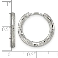 A pair of silver textured hoop earrings with a hammered finish, shown from front and side views next to a measurement scale indicating approximately one inch in height and half inch in width.