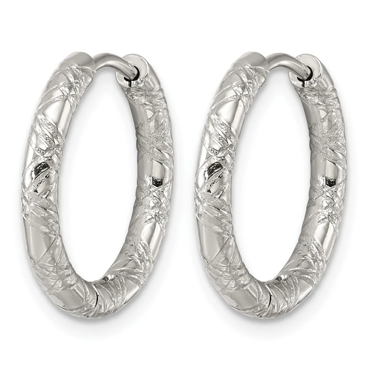 A pair of silver hoop earrings with a textured, hammered surface finish and hinged closures, displayed side by side.