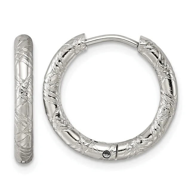A pair of polished silver hoop earrings with textured diagonal striping across the surface, shown from front and side views.