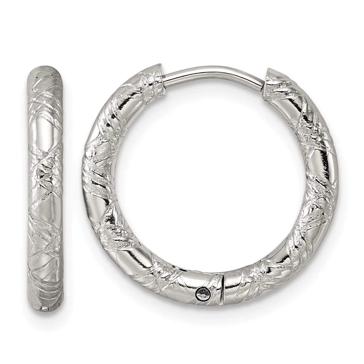 A pair of polished silver hoop earrings with textured diagonal striping across the surface, shown from front and side views.