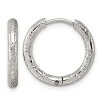 A pair of polished silver hoop earrings with textured diagonal striping across the surface, shown from front and side views.