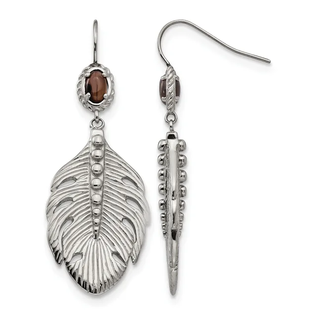 A pair of silver feather-shaped drop earrings with oval brown gemstone tops, shown from front and back views.