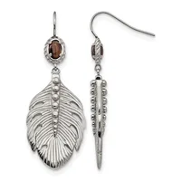 A pair of silver feather-shaped drop earrings with oval brown gemstone tops, shown from front and back views.