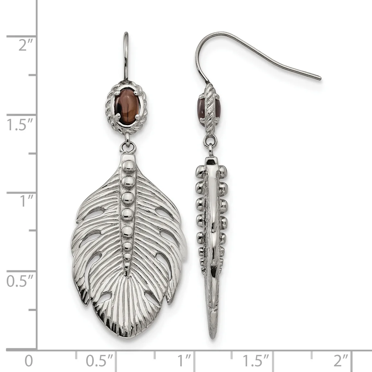 Pair of silver feather-shaped dangle earrings with brown oval stones at the top, shown front and side view against a measurement scale.