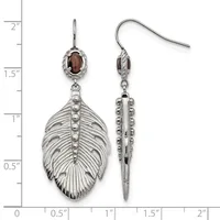 Pair of silver feather-shaped dangle earrings with brown oval stones at the top, shown front and side view against a measurement scale.