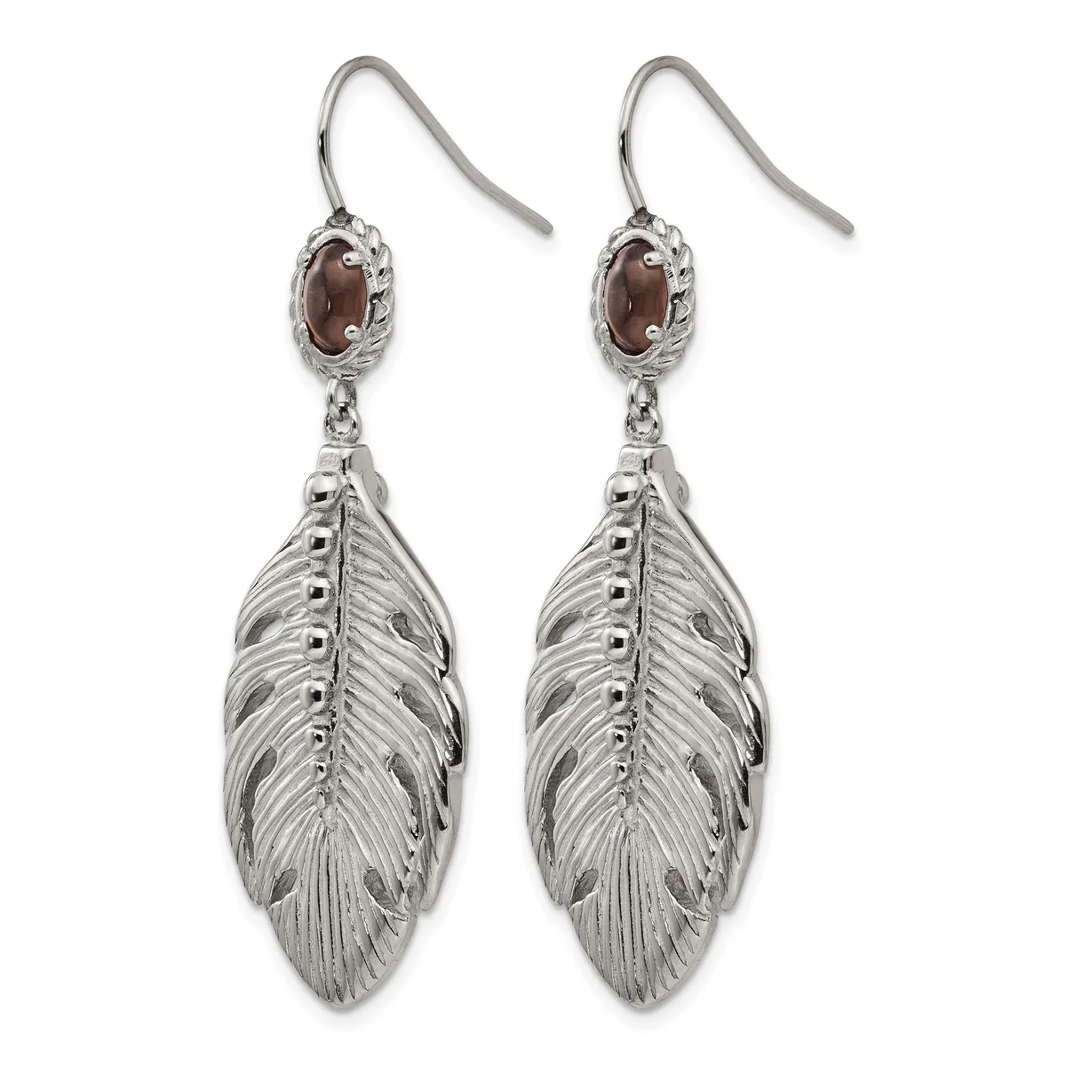 Pair of silver feather drop earrings with garnet cabochon studs and French wire hooks.