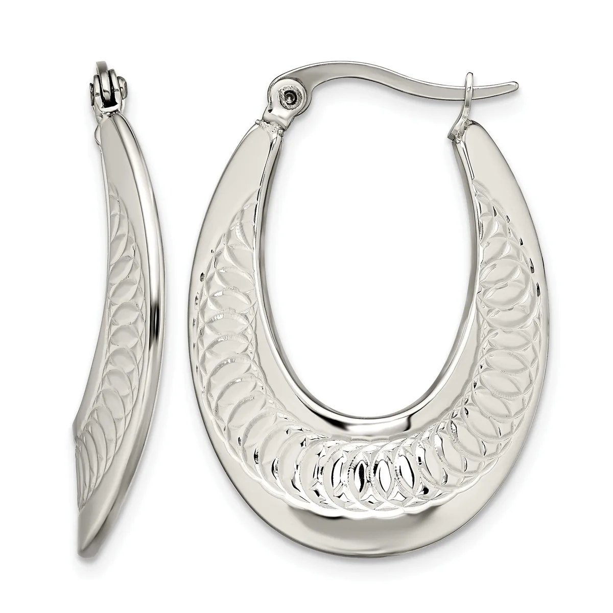 A pair of silver hoop earrings with textured surfaces and polished smooth edges, displayed from front and side angles.