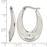 A pair of silver hoop earrings with a textured leaf or feather pattern on the outer surface, shown with a measurement scale indicating approximately one inch in height.