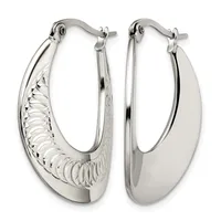 Pair of silver-toned oval hoop earrings with textured inner surfaces and polished outer surfaces, displayed front and back views.