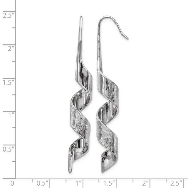 A pair of silver twisted ribbon dangle earrings with hook closures, shown against a ruler measuring approximately 2.5 inches in length.