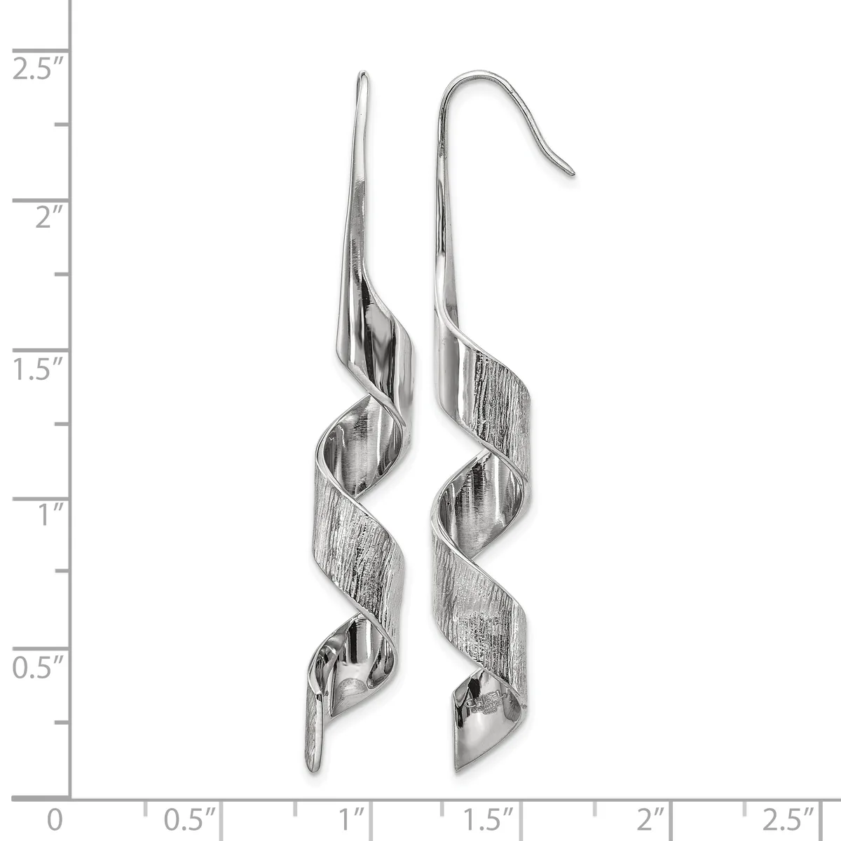 A pair of silver twisted ribbon dangle earrings with hook closures, shown against a ruler measuring approximately 2.5 inches in length.