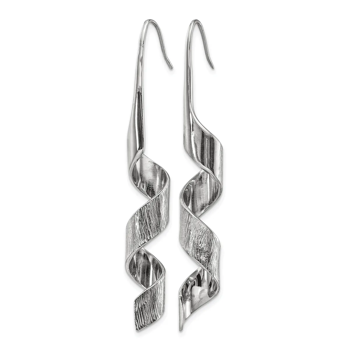 A pair of long silver dangle earrings with twisted ribbon-like forms and small diamond-shaped cutouts, displayed against a white background.