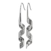 A pair of long silver dangle earrings with twisted ribbon-like forms and small diamond-shaped cutouts, displayed against a white background.