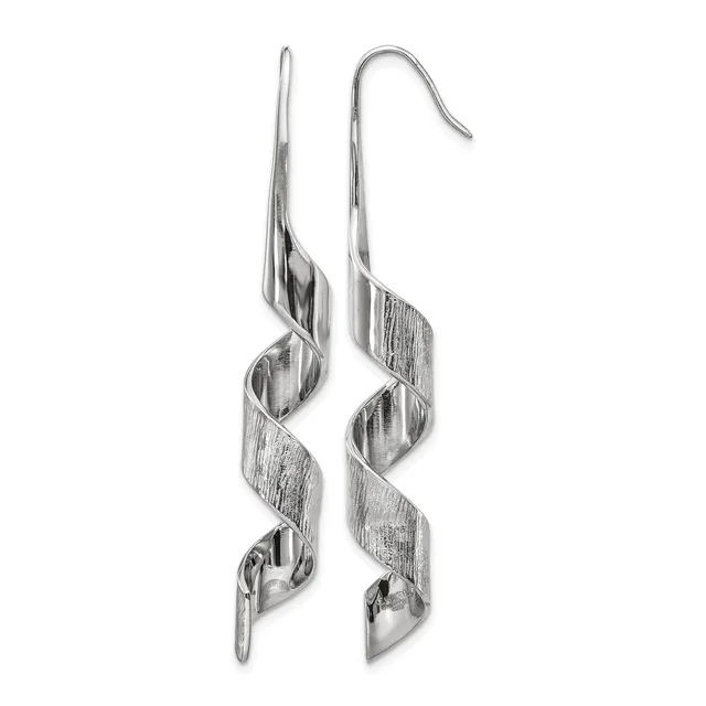 A pair of long silver earrings with twisted ribbon-like designs and polished sections, suspended from curved ear wires.