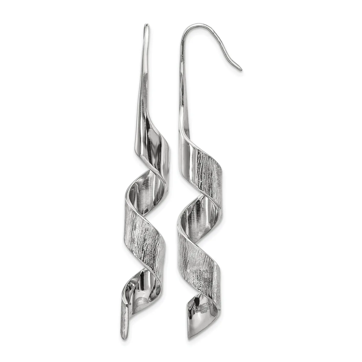 A pair of long silver earrings with twisted ribbon-like designs and polished sections, suspended from curved ear wires.
