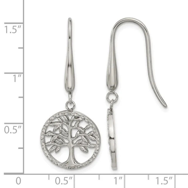 Silver tree-of-life dangle earrings with hook wires, shown next to a ruler indicating approximately 1.5 inches in length.
