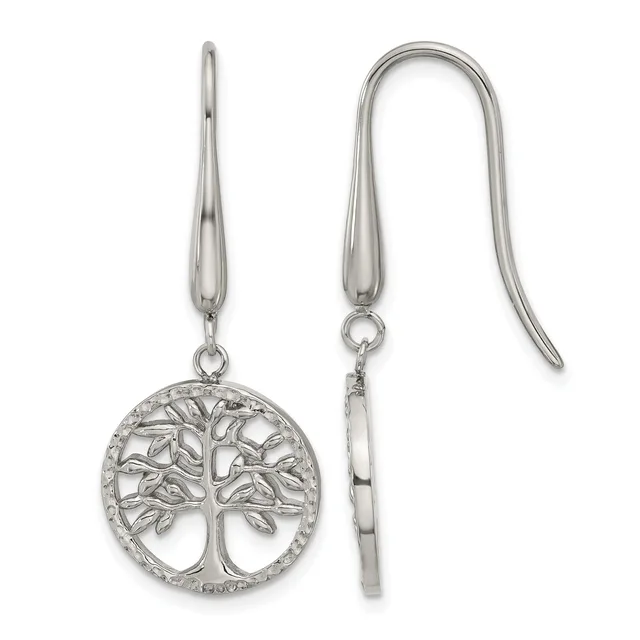Pair of silver tree of life dangle earrings with hook-style ear wires, shown from front and side views.