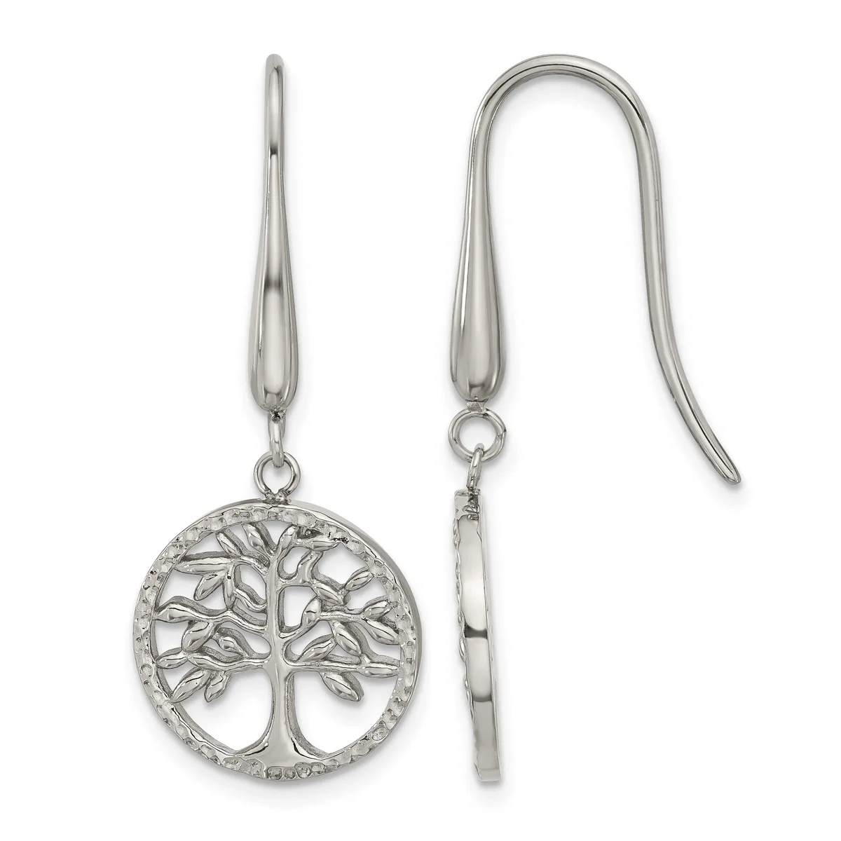 Pair of silver tree of life dangle earrings with hook-style ear wires, shown from front and side views.