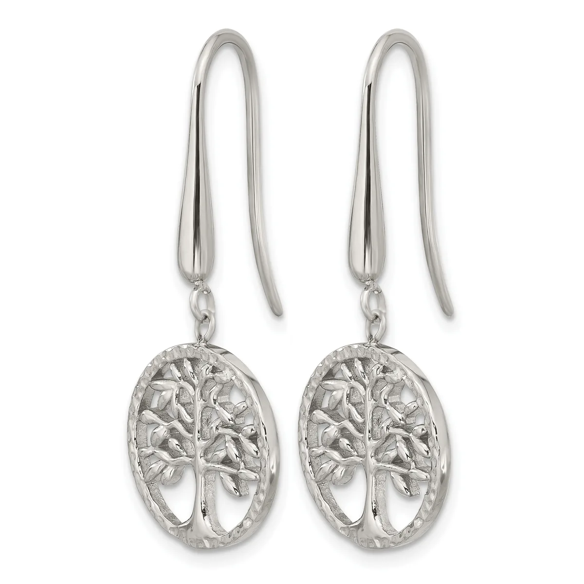 Pair of silver earrings with long curved hooks suspending oval pendants featuring a tree of life design in an open cutout style.
