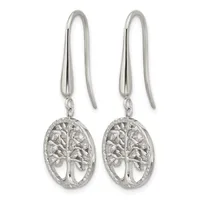 Pair of silver earrings with long curved hooks suspending oval pendants featuring a tree of life design in an open cutout style.